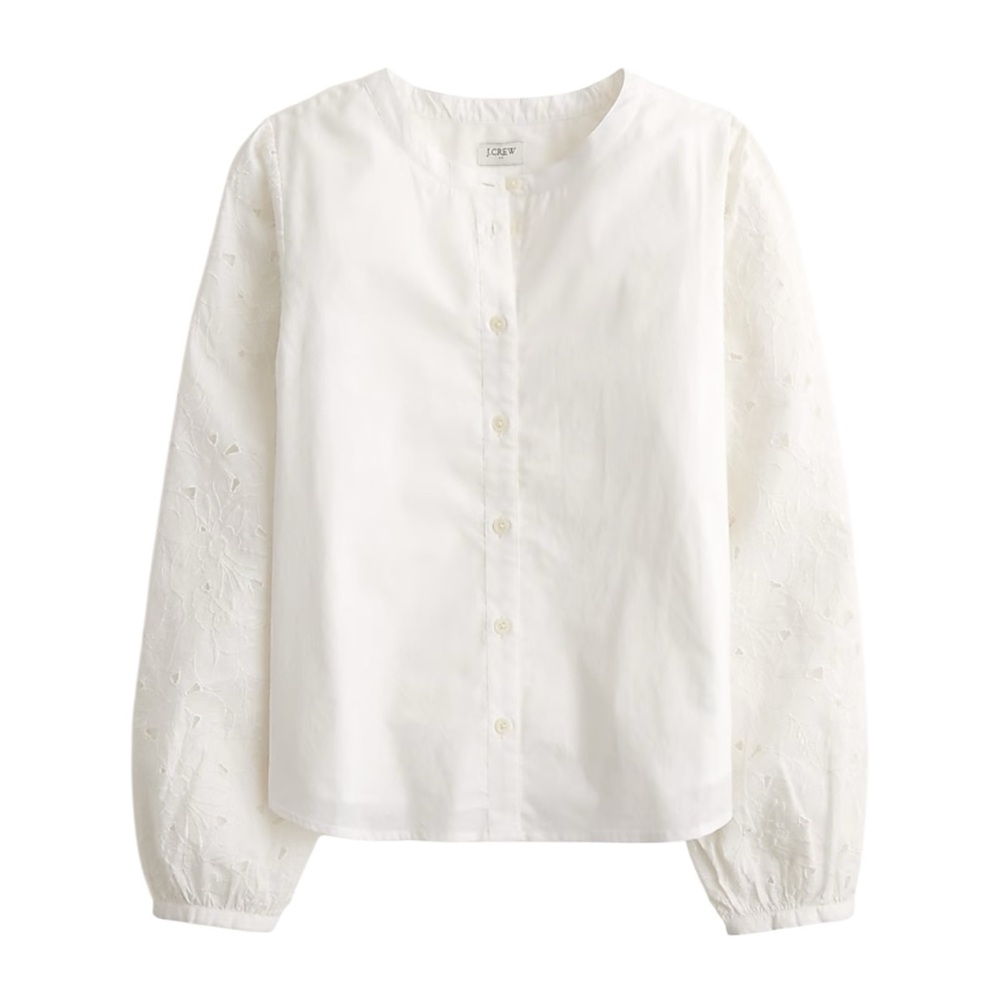 J.Crew Factory Eyelet Sleeve Button Front Top in White